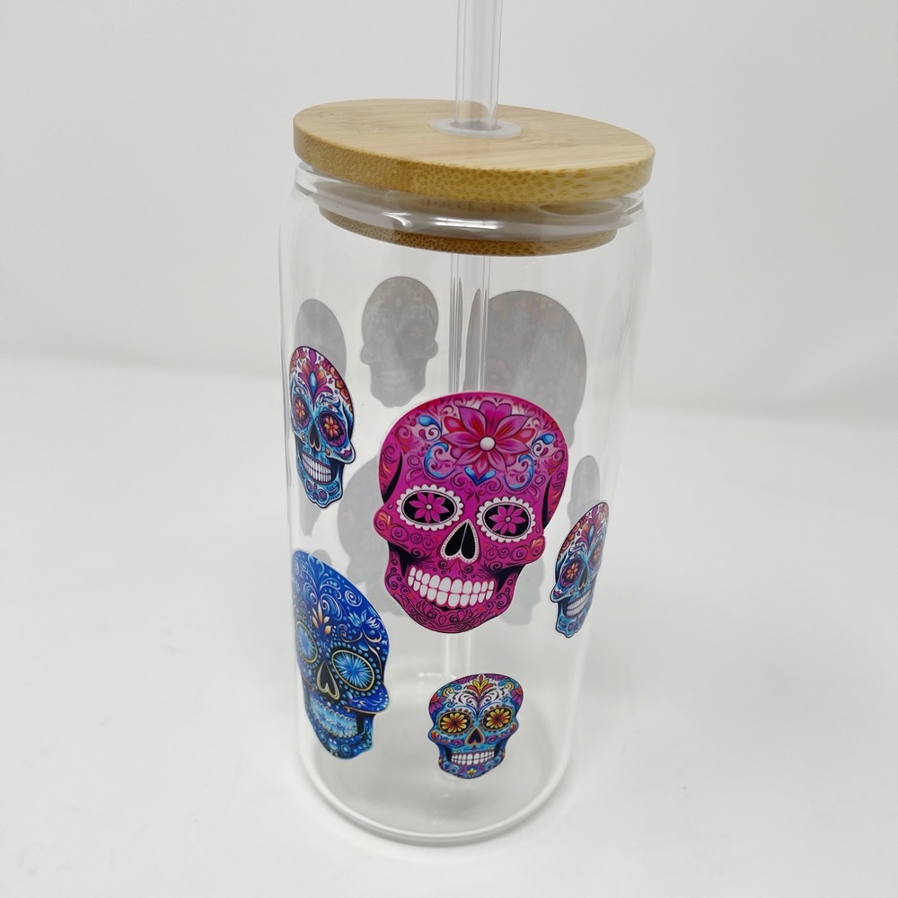 NEW! Sugar skull calavera glass cup with bamboo lid and glass straw 16 oz - Picture 3 of 7